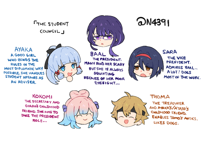 Genshin School AU [part 2]
The Student Council! 
(feat. Baal, Sara, Ayaka, Thoma & Kokomi.)
#GenshinImpact #原神 