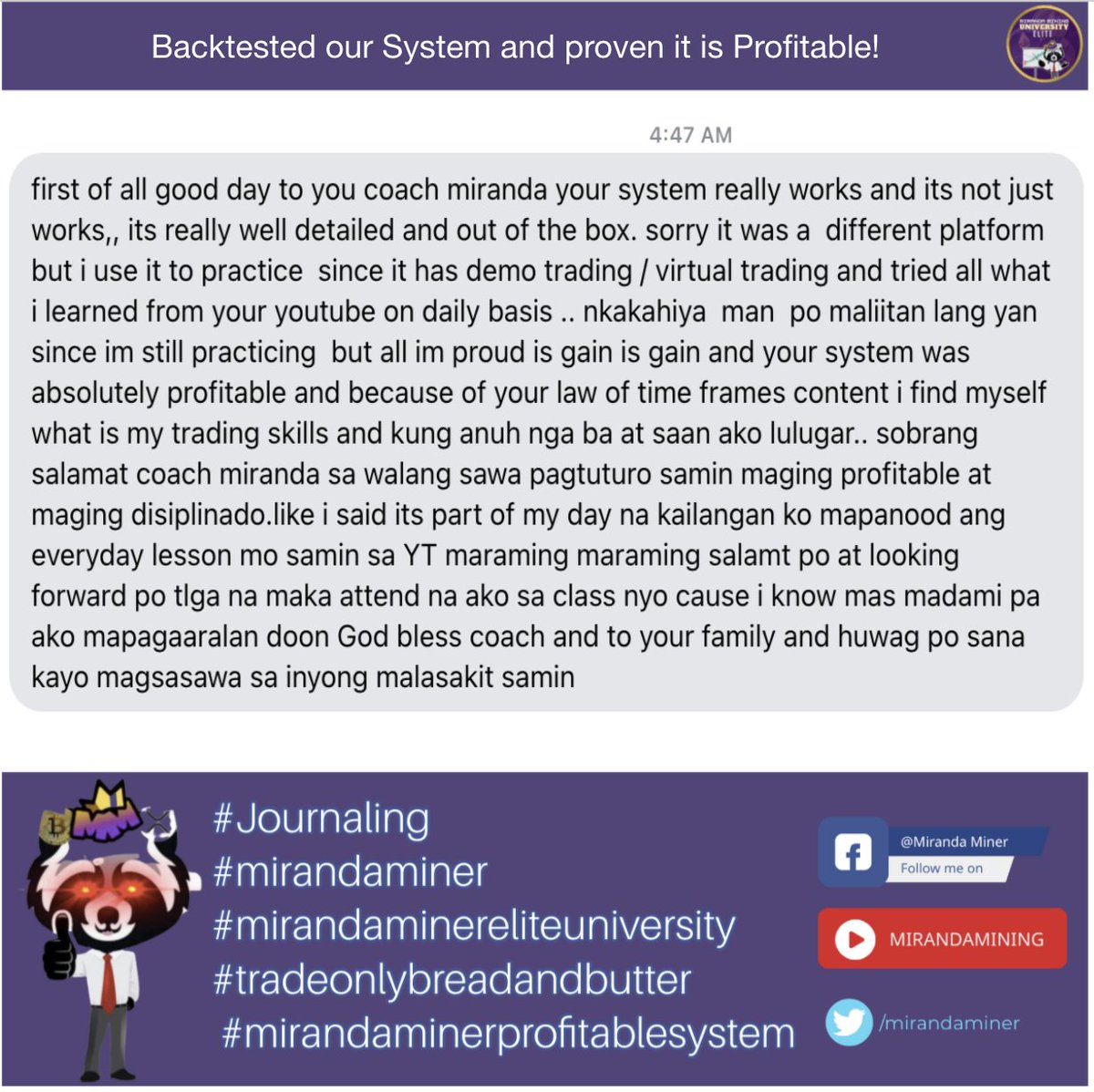 MiningMiranda's tweet photo. Congratulations! Tama yan, keep on backtesting and do paper trades. Soon as you are confident, then try to execute on real trades.

Goodjob and congratulations!

#testimoney #mirandaminersystemprofitable #mirandaminerlearningsystem https://t.co/Po1f13vnPd