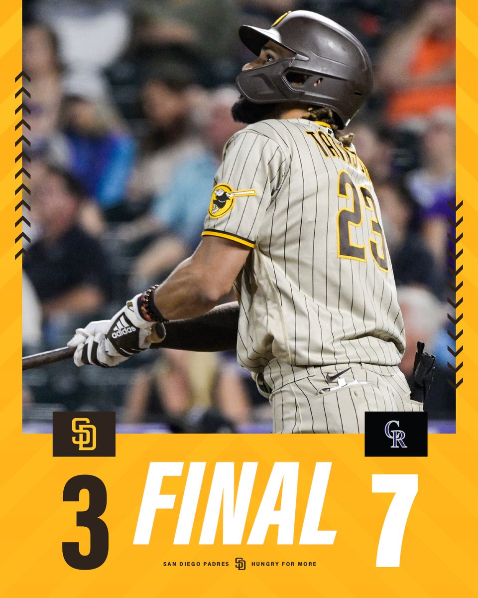 Final score: Rockies 7, Padres 3. Inset image: Fernando Tatis Jr. watches his solo home run travel 450 feet in the seventh inning, holding his bat with both hands parallel to the ground.