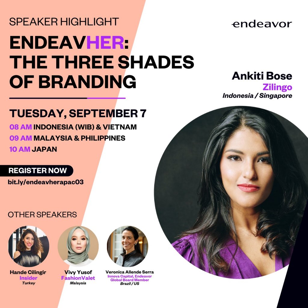 When it comes to entrepreneurship, Ankiti Bose is something of a legend. Catch Ankiti Bose, Co-Founder &amp; CEO of Zilingo, at EndeavHER: The Three Shades of Branding, happening on 7 Sept, 9am (GMT+8).

Register here bit.ly/endeavherapac03