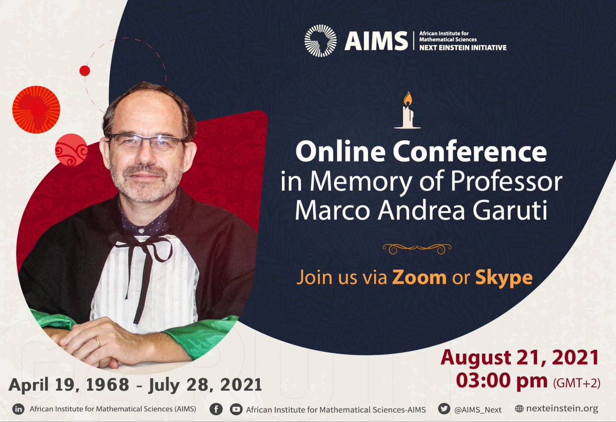 AimsCmr's tweet photo. Join The Online Conference in Memory of Professor MARCO ANDREA GARUTI on August 21 from 2pm (GMT+1). You can register here: https://t.co/nRuaTfk4US to receive your login's information by e-mail.

#RememberingMarco https://t.co/P76B26Du80