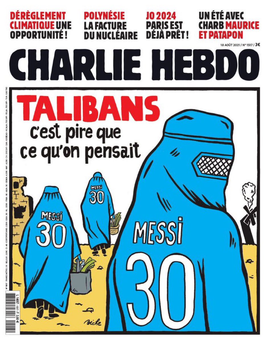 Tremenda la portada de Charlie Hebdo. Talibanes, PSG, Messi.
