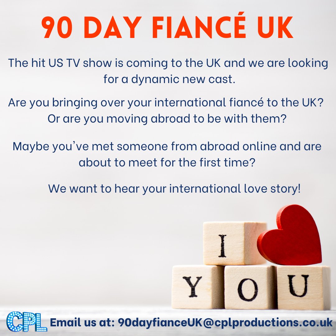 Casting90DayUK's tweet photo. #90dayfiance IS COMING TO THE UK✈️🌍❤️
Apply now!
#90dayfiance #90dayfianceseason1 #90dayfiancememes #90dayfianceuk #longdistancerelationships #longdistancecouple #longdistancemarriage #engageduk https://t.co/brGa08nk8a
