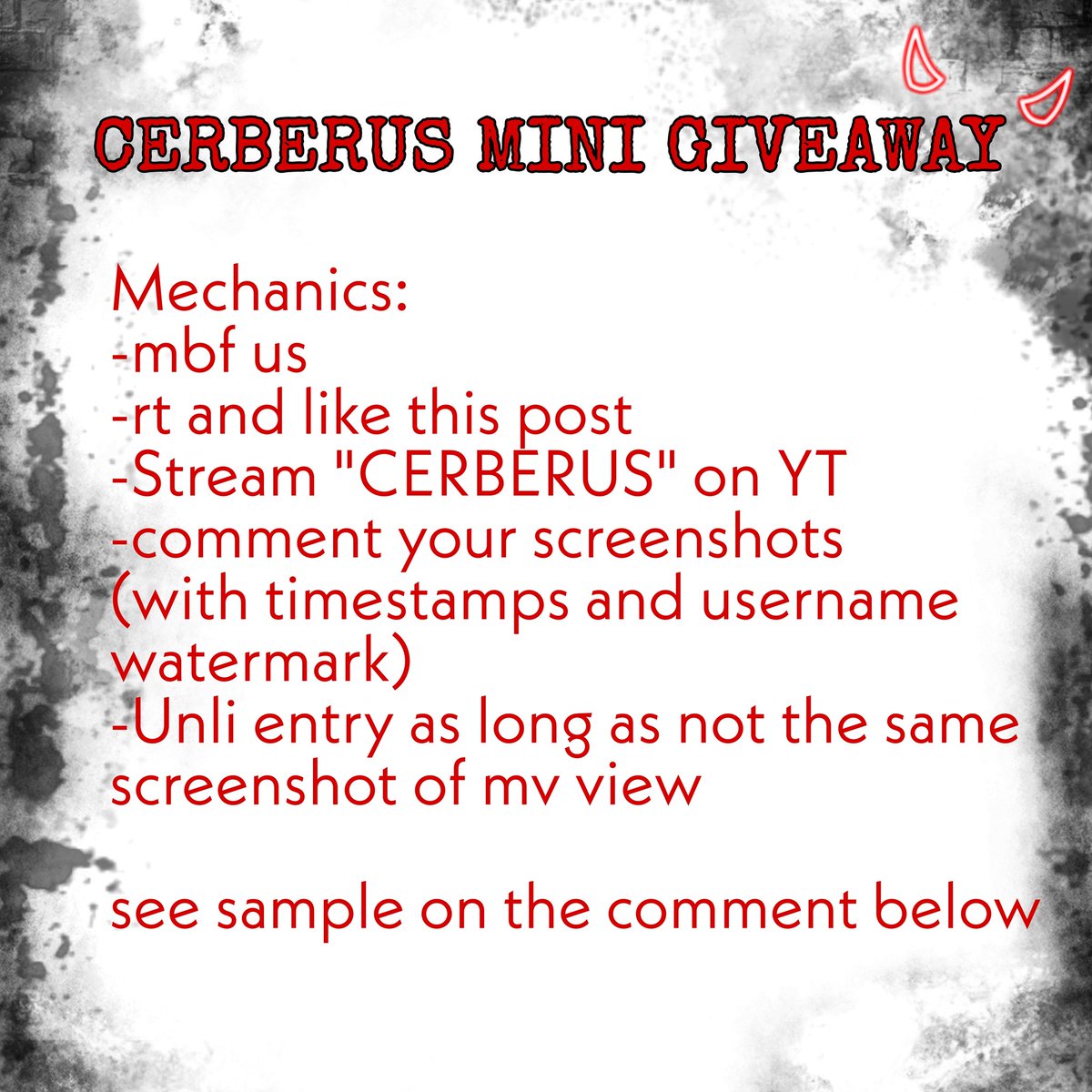 stuffbagsph's tweet photo. MINI CERBERUS GIVEAWAY!๐ฅ
-3 WINNERS of Php 20 (gcash)
-1 WINNER of our kpop inspired necklace of your choice, (lsf by winner)
-PH only
-ends when views reach 10k, 30k, 50k, 100k
(See photo for mechanics)
#StuffBagsGA #CerberusIsOut
#ํํ๊ณค๋ง๋ด์ฆ_์ผ๋ฅด๋ฒ ๋ก์ค_๊ฐ์ @CUBE_PTG https://t.co/s8GkGzLUi4