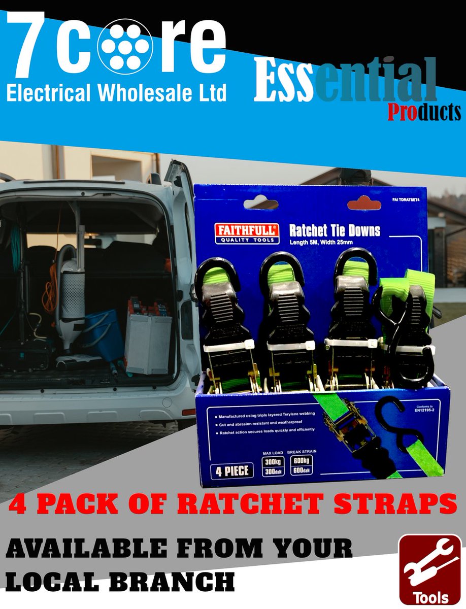 7coreelectrical's tweet photo. We all forget them, the unsung heroes of the electrical trade! So here’s a little nod to Ratchet straps. Pick yours up when you drop into your local 7 Core branch. #essentialpro #essentialproducts #essentialproproducts
#electrical #electrician #7core #essentials https://t.co/U1FxzsTMfi