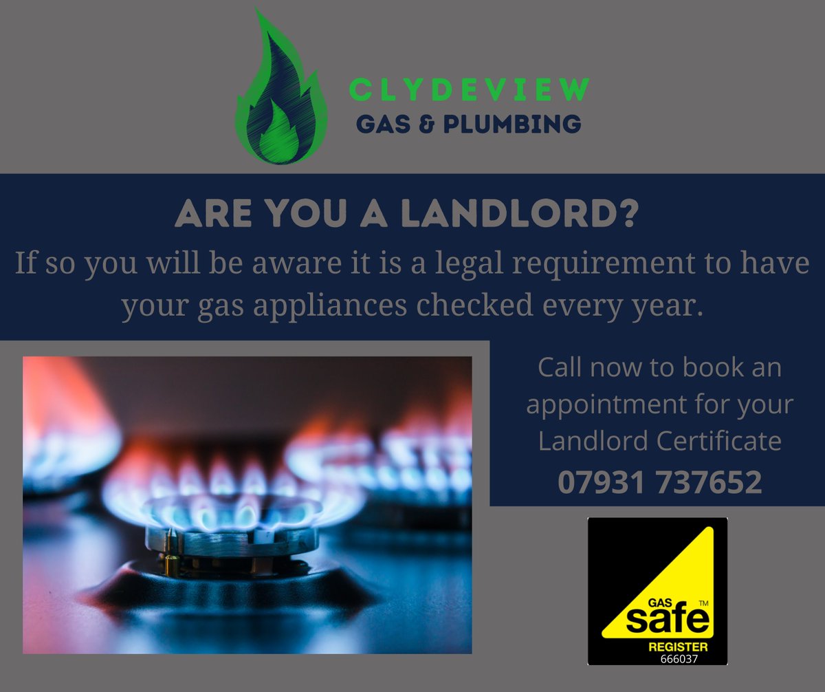 ClydeviewGas's tweet photo. 📣Calling all Landlords📣
❓Do you rent out a property and have an up to date Landlord Gas Safety Certificate? 
Clydeview Gas &amp; Plumbing can provide a Landlord Certificate to ensure tenants are safe &amp; you are legally renting out the property. 😀👍
Call now us now on 07931737652📱 https://t.co/cMhIkQwDc5