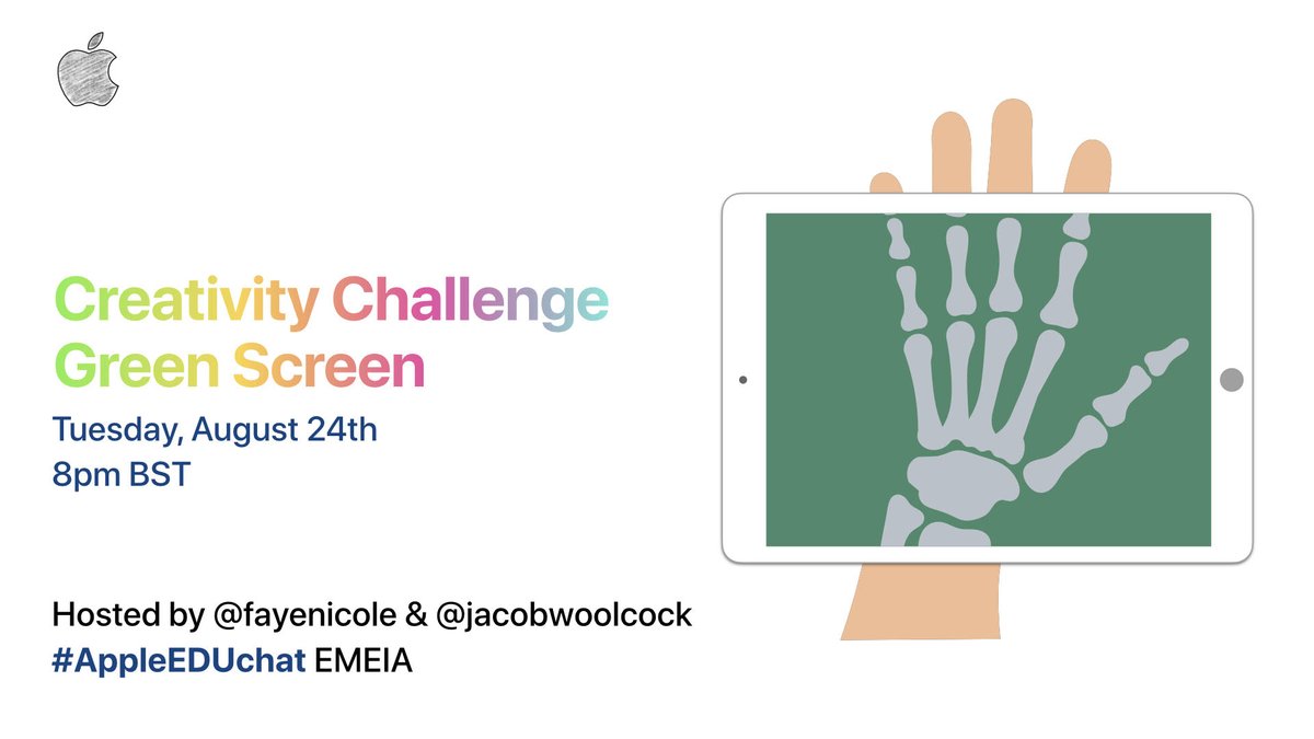 Excited to launch the new #AppleEDUchat EMEIA schedule with a Green Screen Creativity Challenge🪄🟩Hosted by <a href="/fayenicole/">Faye Ellis</a> &amp; <a href="/JacobWoolcock/">Jacob's QuickTips</a> 🤩
Tuesday August 24 8pm BST. Previews on Apple Teacher Learning Centre apple.co/3CVENPq 
#AppleTeacher #ADE2021 #AppleRTC #MadeOniPad