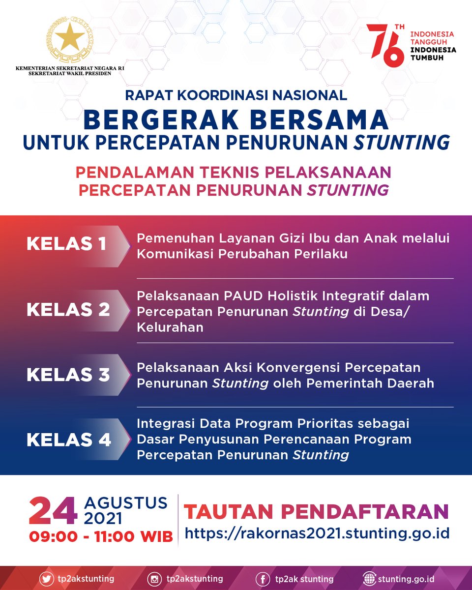 tp2stunting's tweet photo. Catat tanggalnya!
RAKORNAS "Bergerak Bersama untuk Percepatan Penurutan Stunting", 23-24 Agustus 2021. Pendaftaran di link https://t.co/WV8IjqIMvh 

#BergerakBersamauntukStunting #RakornasStunting2021 #TP2AKStunting #SetwapresRI #berantasstunting #cegahstuntingitupenting https://t.co/7Lk5s5ST3D