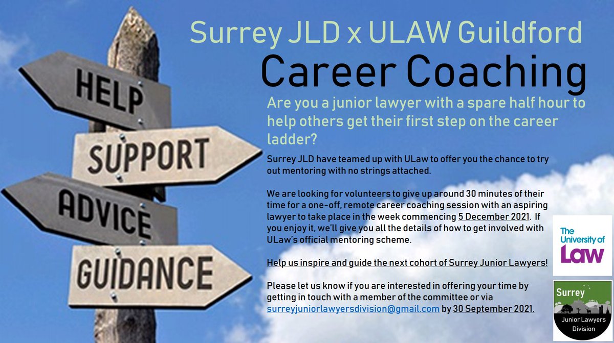 Are you a junior lawyer with a spare half hour to help aspiring lawyers? #SurreyJLD has teamed up with <a href="/UniversityofLaw/">The University of Law</a> to offer one-off mentoring.  Let us know via a member of our committee or surreyjuniorlawyersdivision@gmail.com by 30 Sep 2021.

<a href="/JuniorLawyers/">Junior Lawyers Division (JLD)</a> <a href="/LegalWomenUK/">Legal Women</a>