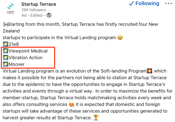 teohakacentre's tweet photo. Thrilled to see that 3 out of 4 startups admitted to Startup Terrace's Virtual Landing programme are from Te Ōhaka! 🎉  
As one of Taiwan's major startup and innovation hubs, they offer fantastic opportunities for foreign startups to learn from world-class mentors from Taiwan. https://t.co/gY1xZH1DZ0