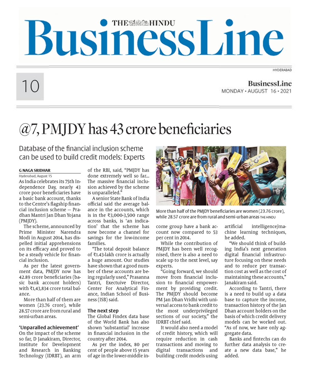 IDRBT's tweet image. In the Media: PMJDY turns 7; brings 43 crore under formal banking system
Read @ thehindubusinessline.com/money-and-bank…

#idrbt #financialinclusion #creditmodel #pmjdy