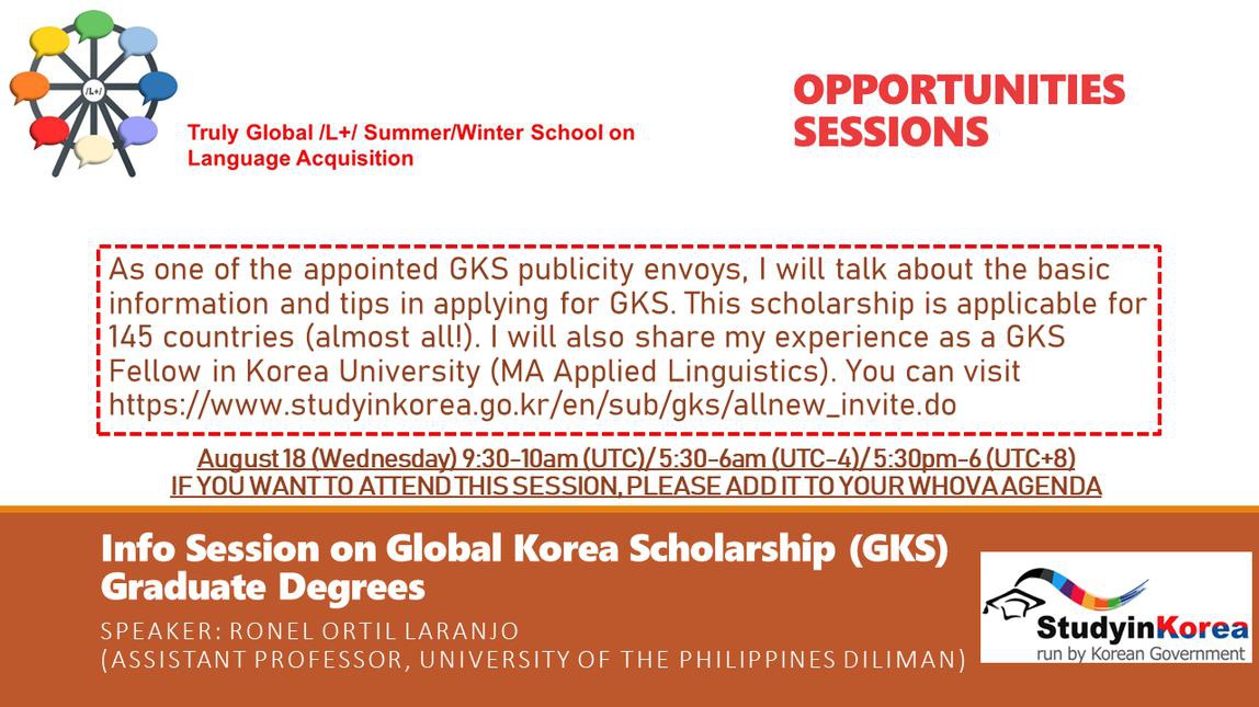 Today's Opportunity Session: Asst Prof Ronel Ortil Laranjo will be sharing about his experience as a Global Korea Scholarship scholar. Find out more about this amazing opportunity to do your graduate studies in South Korea!