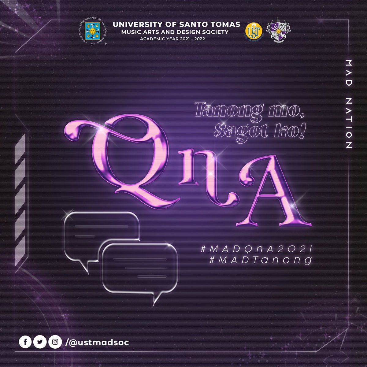ustmadsoc's tweet photo. 🗣 Tiger rookies in the MAD Strand, curious about the activities or just need a hand? Whatever it is, we’re here to help you! 🫂

💬 Ask away with the hashtag #MADQnA2021
MADtanong ka lang dahil Tanong mo, Sagot ko! ✨💜

#Reboot2021
#InitializingTheCyberworld
#FreSHStart2021 https://t.co/mc1PX25yLB