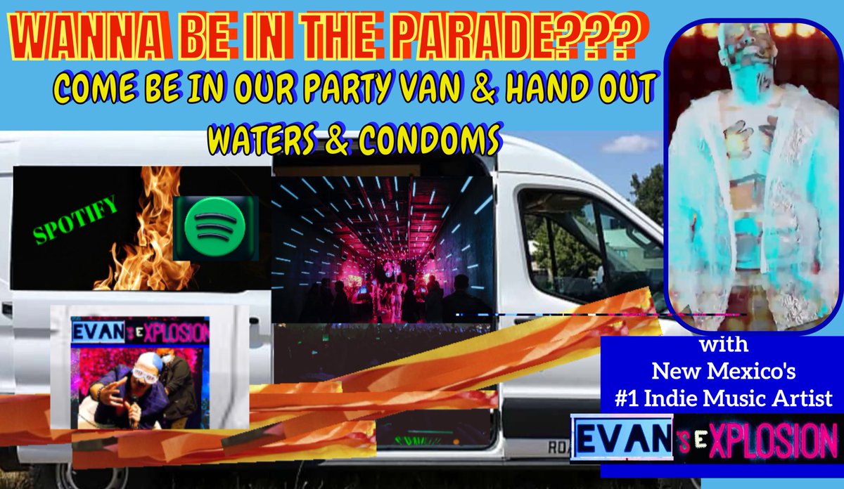 EvansExplosion's tweet image. THIS SATURDAY MORNING! Come be apart of the Gay Pride Parade , arrive at 9am if you wanna be in my PARTY VAN FLOAT! They’ll be strobe lights , a dance floor , EDM music , and a lot of cool people representing LGBTQ! Albuquerque’s #1 Indie Music Artist #thisSaturday