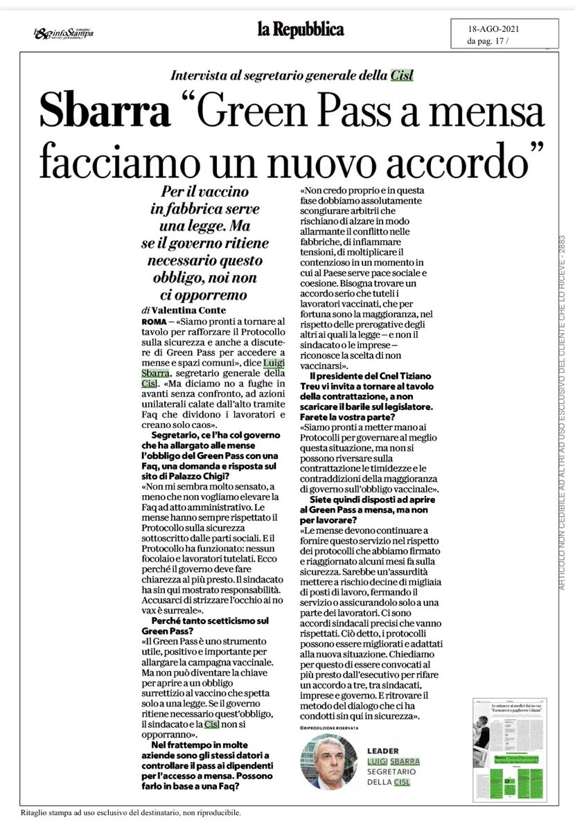🗞No a scelte unilaterali delle aziende sul #greenpass per le mense. Pronti a rafforzare il protocollo sulla sicurezza. Accusarci di strizzare l’occhio ai no vax è surreale: #LuigiSbarra su la Repubblica del #18agosto
