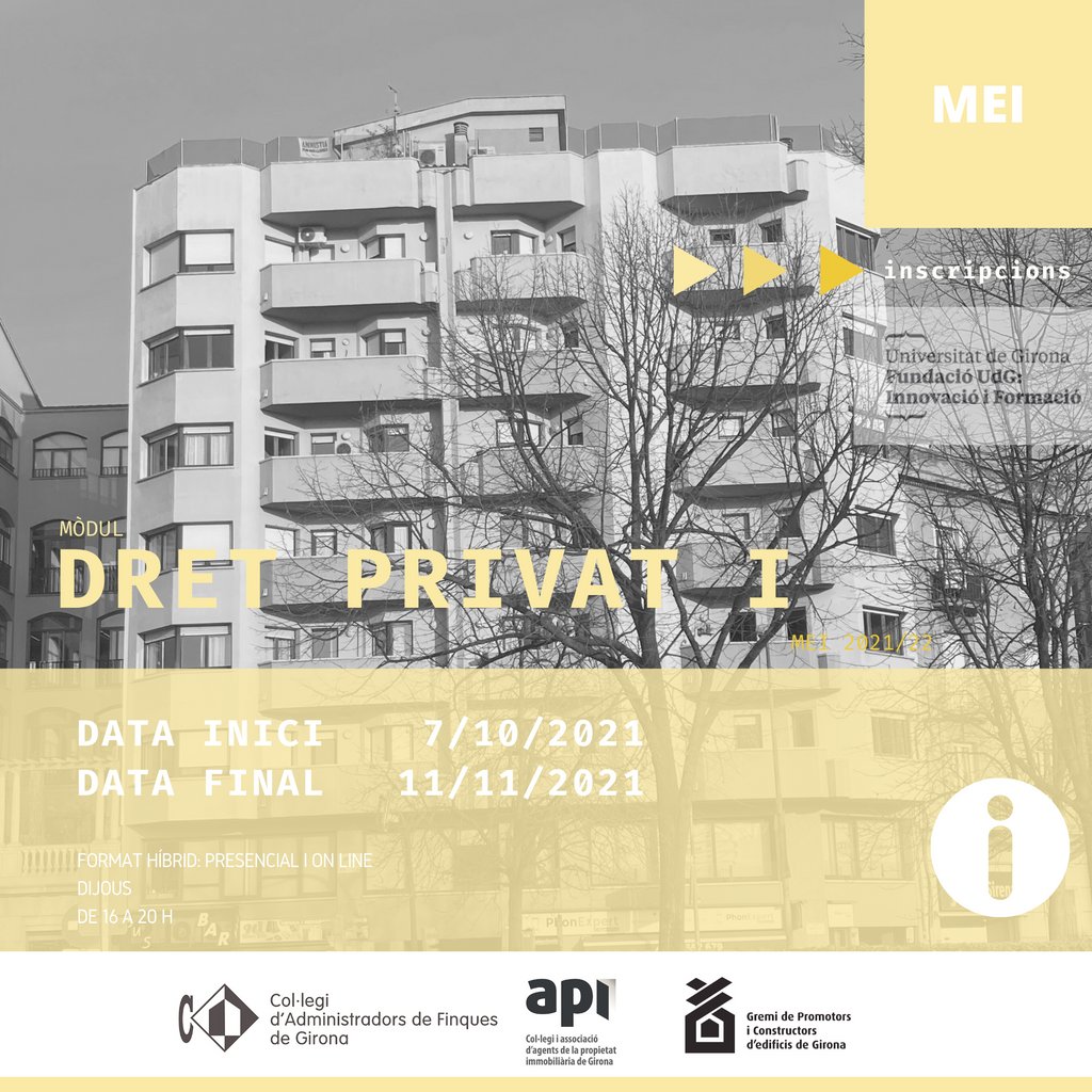 apigirona's tweet image. Dret privat? Del 7 d&apos;octubre a l&apos;11 de novembre pots fer el 1r mòdul del Màster MEI, presencial o on line. Tu tries!

buff.ly/3rKd1jy
#dretPrivat #formacióAPI #apigirona