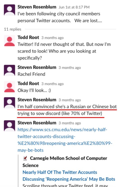 SaferBoulder's tweet photo. All posts authored by the user "Steven Rosenblum" from Safer Slack are without a doubt written by Steven Rosenblum, who is now running for Boulder City Council. https://t.co/fkx5p08BgB