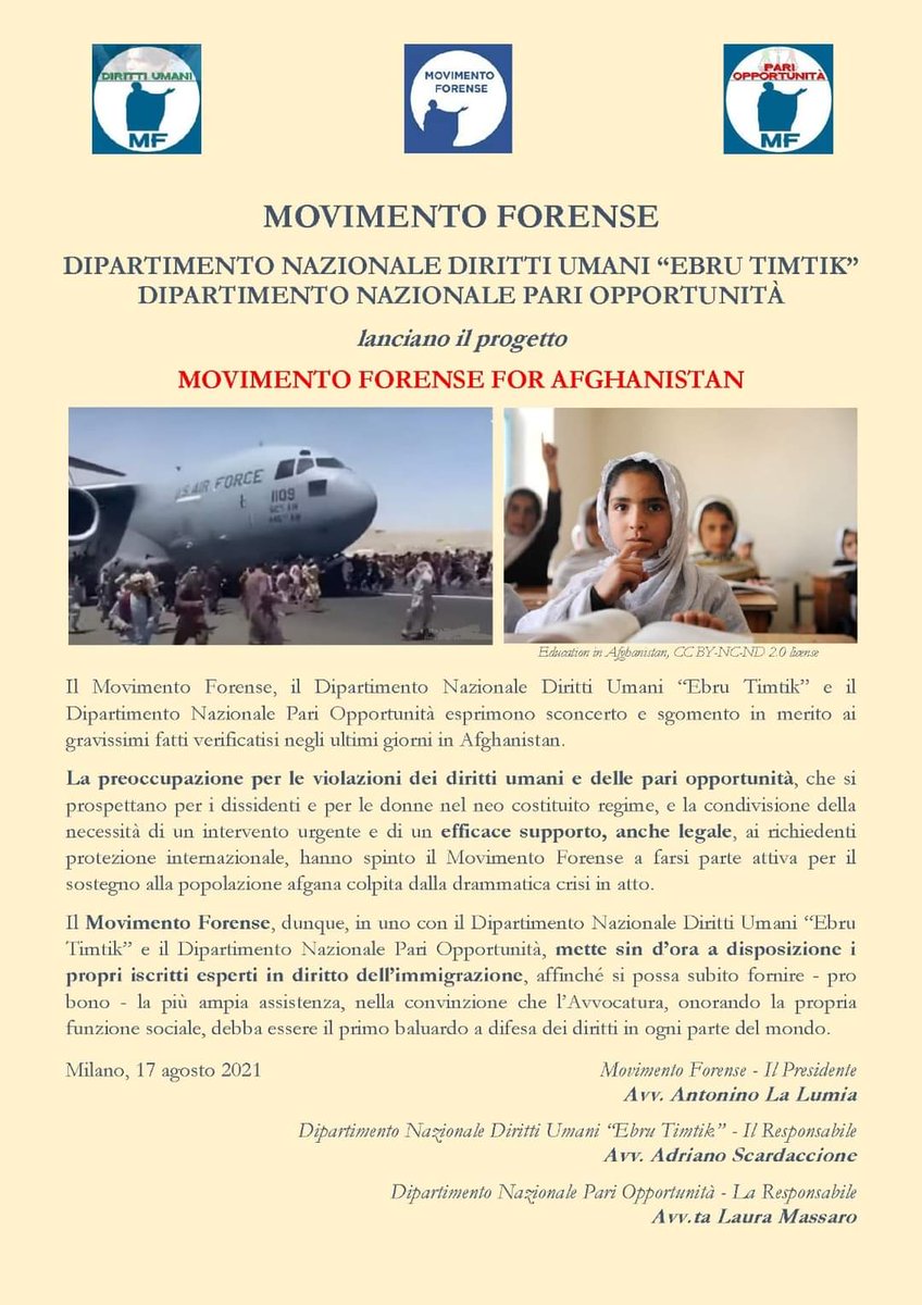 [MOVIMENTO FORENSE FOR AFGHANISTAN]

Il Movimento Forense, il Dipartimento Nazionale Diritti Umani “Ebru Timtik” e il Dipartimento Nazionale Pari Opportunità esprimono sconcerto e sgomento in merito ai gravissimi fatti verificatisi negli ultimi giorni in Afghanistan.