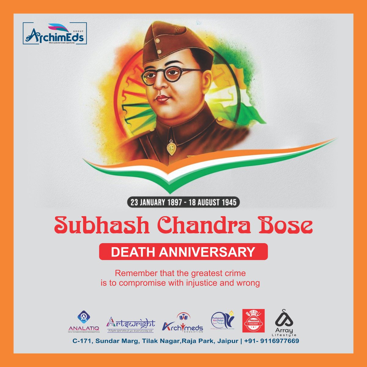 ArtswrightPR's tweet photo. Paying homage to the legendary Indian revolutionary, Netaji #SubhashChandraBose, on his death anniversary, today. His patriotism, valor, and indomitable spirit will continue to be a source of inspiration for generations.
#आजाद_हिंद #artswright #prservices #digitalmarketing #seo https://t.co/TDsB3GETqc