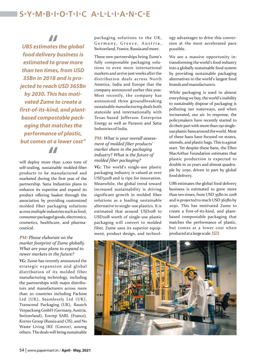 papermartindia's tweet photo. Read full Interview: https://t.co/7kxlbXXE71
Mr. Vaibhav Goel, MD, APAC &amp; EMEA, @zumeinc sheds light on the business journey of #Zume, manufacturing capabilities, #moldedfibertechnology,  and its collaboration with #PrathisthanIndustries @parasongroup.
 #moldedfibertechnology https://t.co/SFifrJMN56