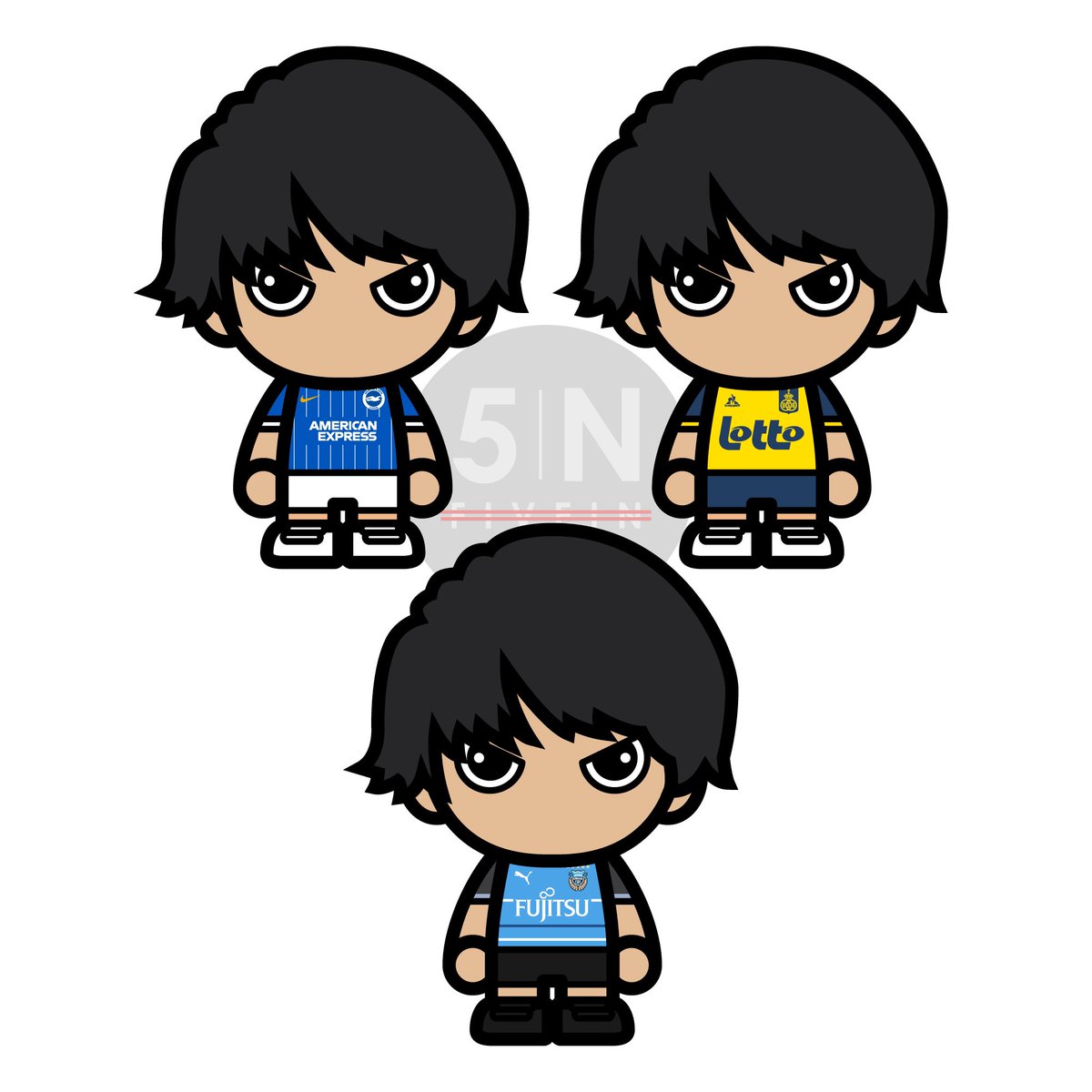 シンペイ 勝手にコラボシリーズ 今回は 川崎フロンターレからブライトン ホーヴ アルビオンfcに移籍が決定した三笘選手をキャラ画風に描きました さらにユニオンsgに期限付き移籍になったので3種類描きましたw イラスト 三笘薫 川崎