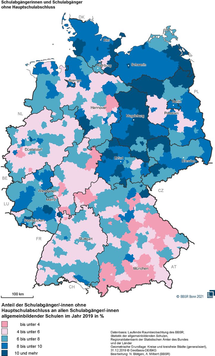 Aktuelle Karte aus dem Deutschlandatlas: So unterscheidet sich regional der Anteil der Schulabgängerinnen und Schulabgänger ohne Hauptschulabschluss. Mehr Infos dazu und weitere Karten zum Thema #Bildung: deutschlandatlas.bund.de/DE/Karten/Wie-…