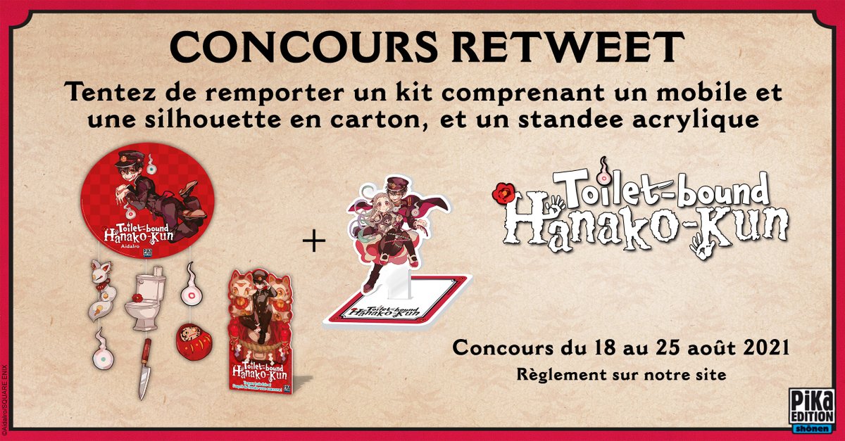 pikaedition's tweet photo. [CONCOURS RT] TOILET-BOUND HANAKO-KUN

⭐️ À l'occasion de la sortie de "Toilet-bound Hanako-kun", nous vous proposons un jeu-concours pour tenter de remporter un kit comprenant un mobile et une silhouette en carton, et un standee acrylique !  ⭐️ https://t.co/y1bKGuCrY4
