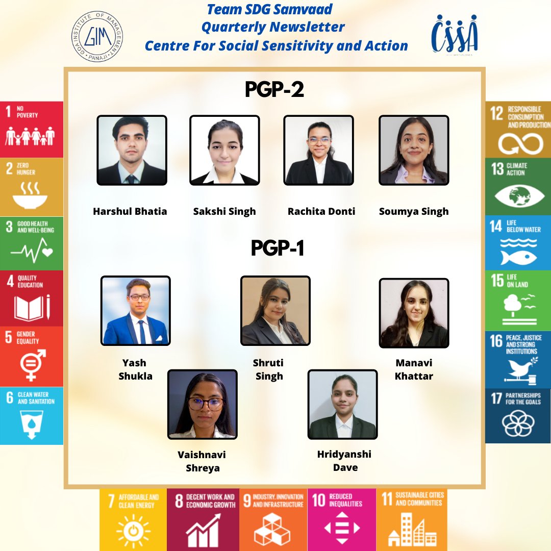 CSSAGIM (@cssagim) on Twitter photo We proudly present to you our newsletter "SDG Samvaad" student team
📢Very soon we will launch our third issue on SDG12 #ResponsibleConsumptionandProduction, Stay tune
Our last two issuesđź”—bit.ly/3AREPGd bit.ly/3xX3eZ1 #SDGs #DecadeofAction
<a href="/GIM_Sanquelim/">Goa Institute of Management</a> We proudly present to you our newsletter "SDG Samvaad" student team
📢Very soon we will launch our third issue on SDG12 #ResponsibleConsumptionandProduction, Stay tune
Our last two issuesđź”—bit.ly/3AREPGd bit.ly/3xX3eZ1 #SDGs #DecadeofAction
<a href="/GIM_Sanquelim/">Goa Institute of Management</a>