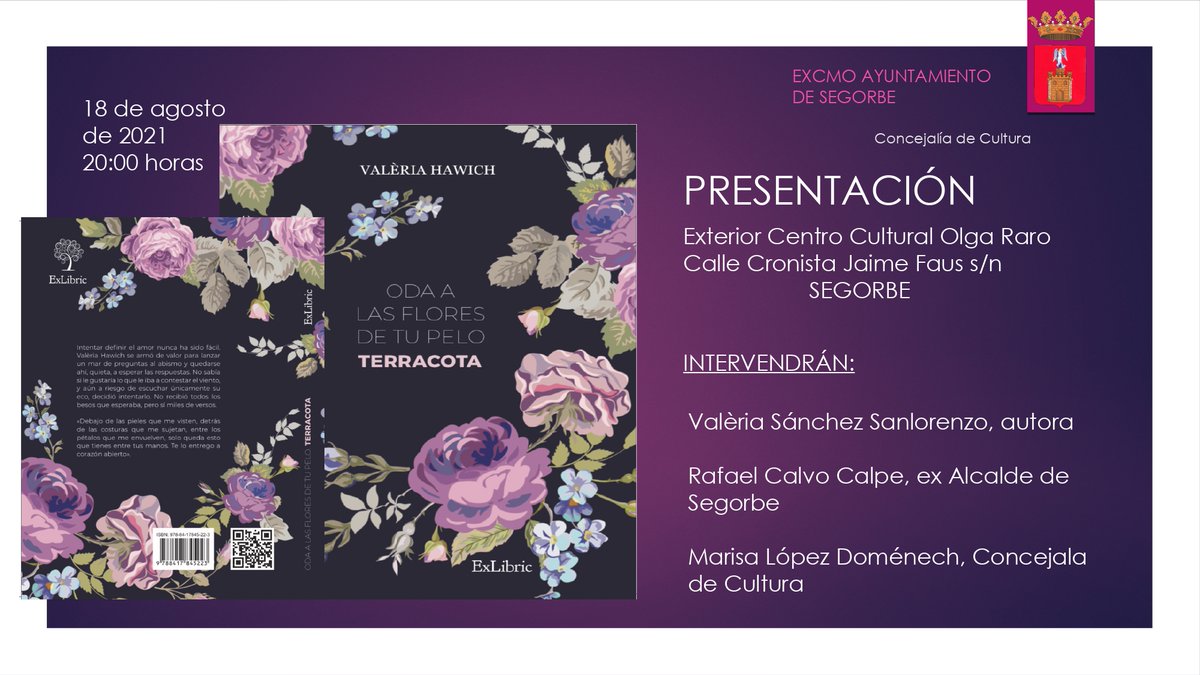 Segorbe_Ayto's tweet photo. 📖 Hoy, a las 20 h., tienes una cita con la poesía en el Centro Cultural Olga Raro.

💐 Valèria Sánchez presenta Oda a las flores de tu pelo. Terracota. https://t.co/Tk1J6tbL2i
