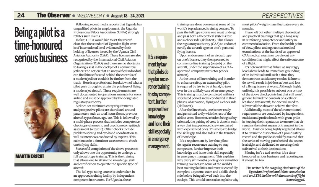 uppa_aviators's tweet image. In these week&apos;s @observerug, a professional breakdown of what a pilot goes through to attain the privilege of flying a modern Jet Aircraft and the multiple check points to ensure only adept ones do. The author @flytmart is @uppa_aviators Chairman PGA. @UCAA_Spokesman @UgandaCAA
