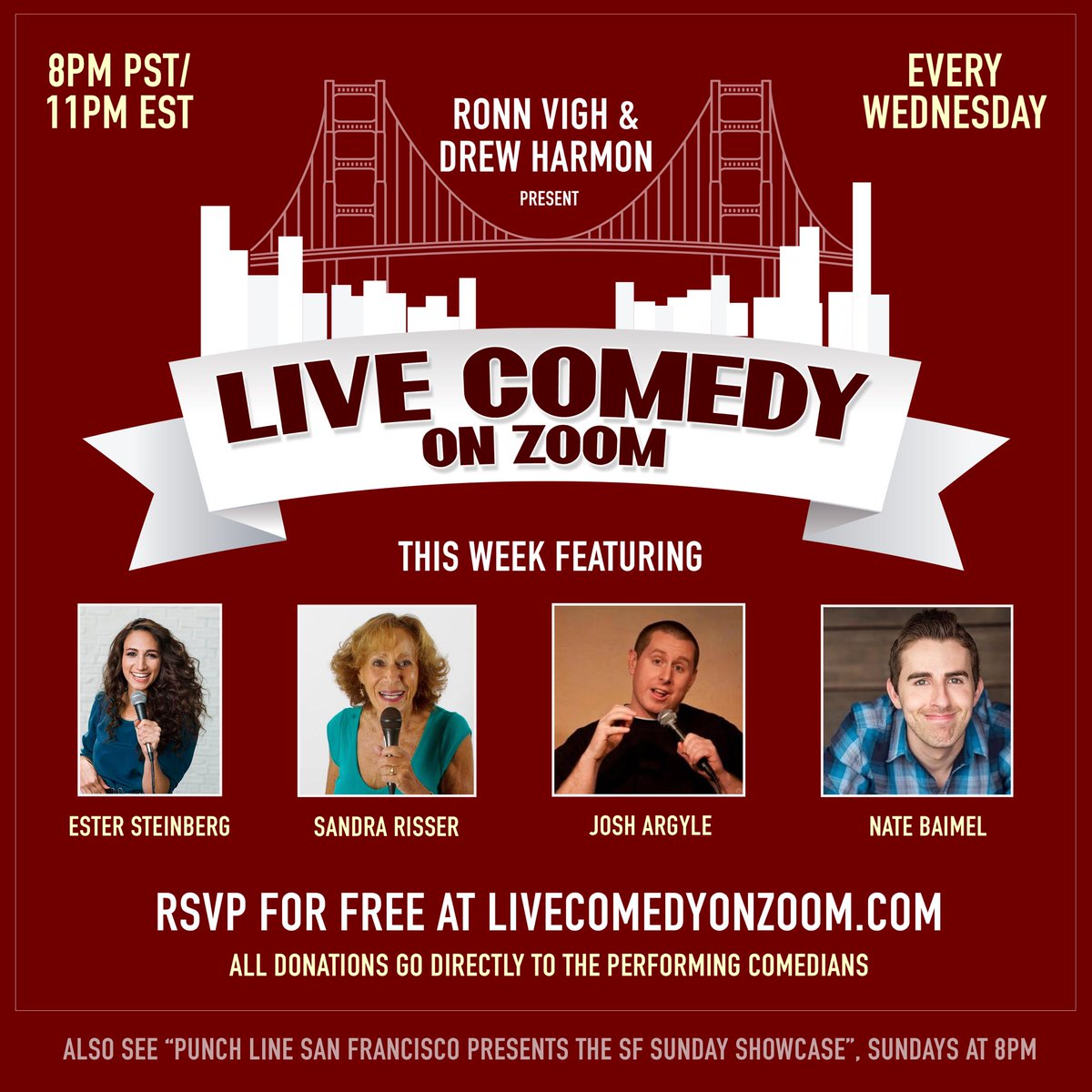 ComedyZoom's tweet image. We’re back tomorrow, Wednesday 8/18 8pm PST..... with a great line up. Except no Nate Baimel. Though, we do have @NatBaimel filling in. 

@EsterKay @SandraRisser @Josh_Argyle join us too! And so should you!