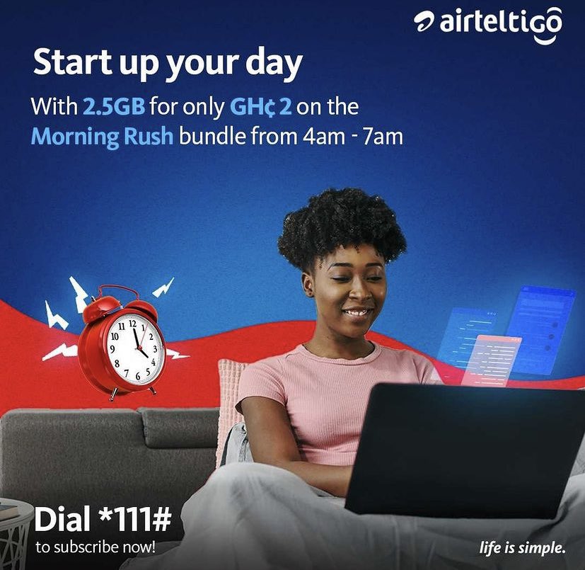 Start your day with something great. Something great like buying 1GB data for 1 cedi or 2.5GB for only 2 cedis.

It's only @airteltigoghana that makes this possible for you. 

Subscribe to the #MorningRush data bundle package today!