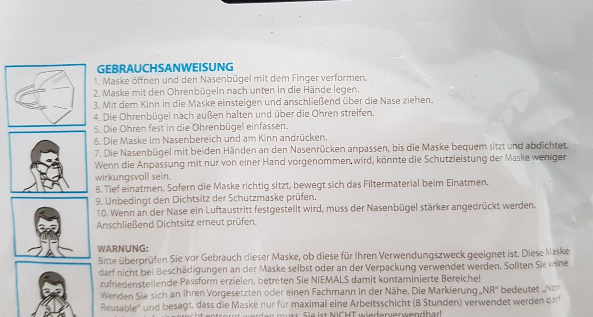 Musste mich spontan mit einer Ersatzmaske ausstatten.

Das Lidl-Modell riecht nicht nur erstaunlich gut, die Verpackung liefert außerdem diese einfache, zehnschrittige Anlege-Anleitung. 

Ich habe es mir zugegeben bisher leicht gemacht, aber ab jetzt keine Shortcuts mehr!