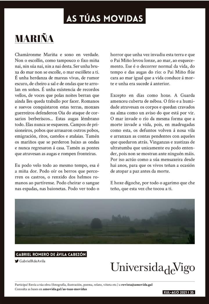 GabrielRdeAvila's tweet photo. En la revista A Movida (@amovidavigo) aparece publicado mi último relato, una historia siniestra con fotografía de A Guarda en uno de esos días de niebla. #Mariña #AMovida #QueLeer https://t.co/KsrFpA597M