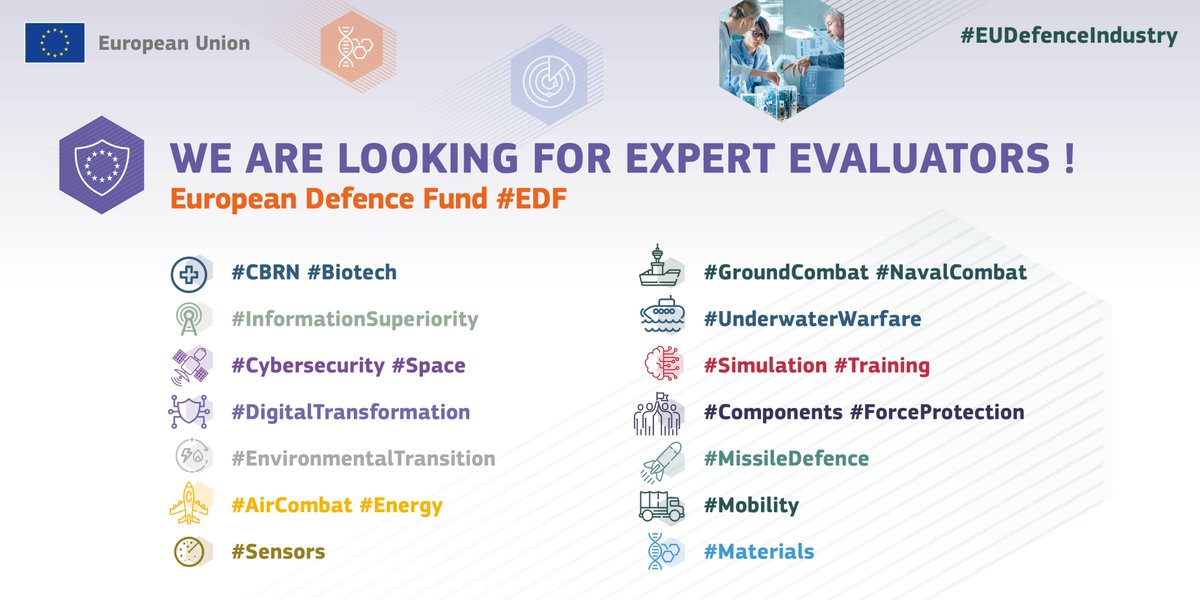 🇪🇺 EU Defence and Space (@defis_eu) on Twitter photo 📢Call for Applications🗣️
We are launching a new call for 🛡️defence sector experts to assist the <a href="/EU_Commission/">European Commission</a> in evaluating proposals submitted for funding under the 🇪🇺 European Defence Fund (#EDF)
Applications for the period 2021-2027 are open!
🔗edefis.eu/EDF_Call-Exper… 📢Call for Applications🗣️
We are launching a new call for 🛡️defence sector experts to assist the <a href="/EU_Commission/">European Commission</a> in evaluating proposals submitted for funding under the 🇪🇺 European Defence Fund (#EDF)
Applications for the period 2021-2027 are open!
🔗edefis.eu/EDF_Call-Exper…