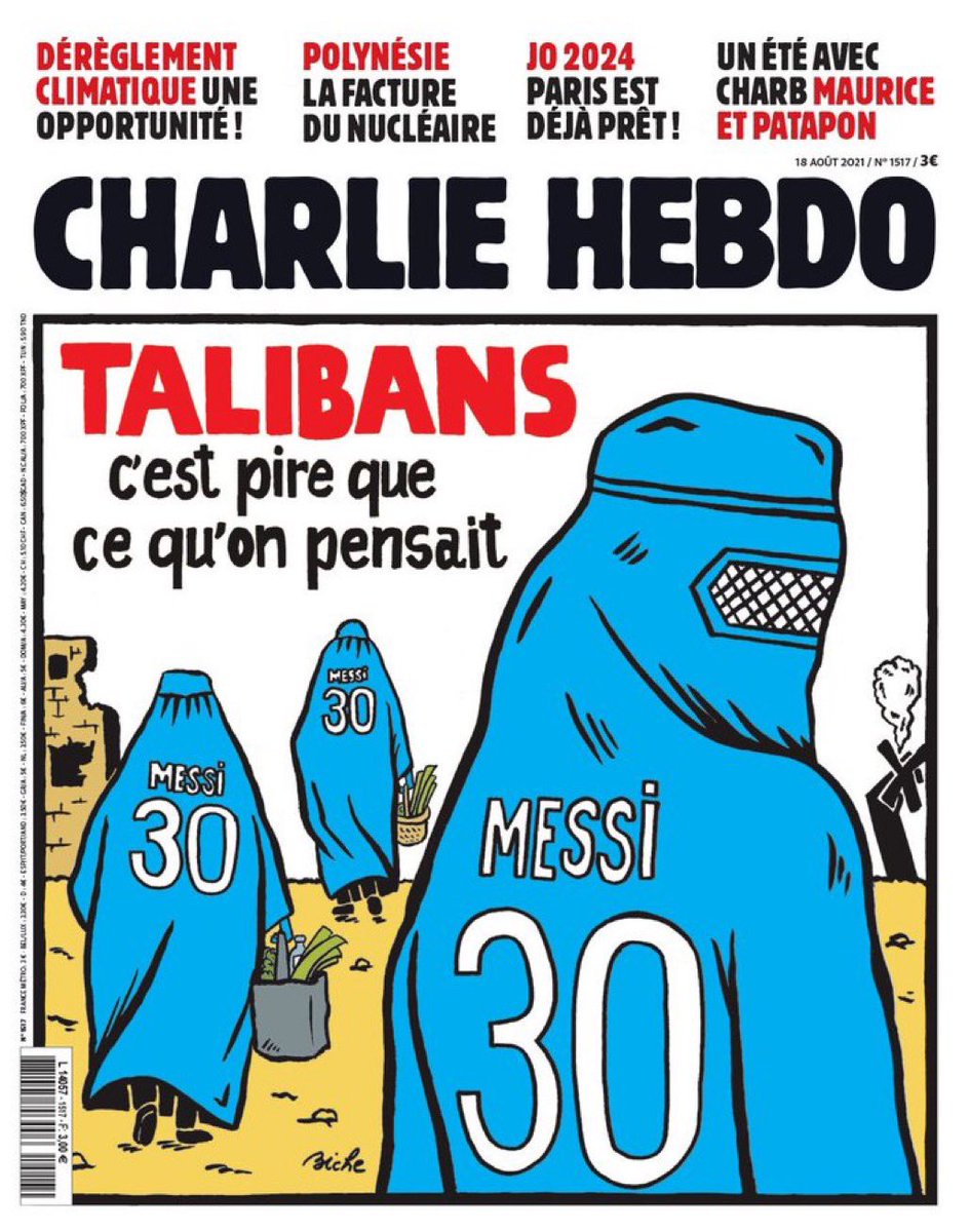 Le #Qatar héberge les chefs talibans et cette une de <a href="/Charlie_Hebdo_/">Charlie Hebdo</a> rappelle que le <a href="/PSG_inside/">Paris Saint-Germain</a> est financé et dirigé par ce même pays qui, en 2022, accueillera la Coupe du Monde. Le foot ne doit pas faire oublier le rôle trouble joué par le Qatar sur la scène internationale.