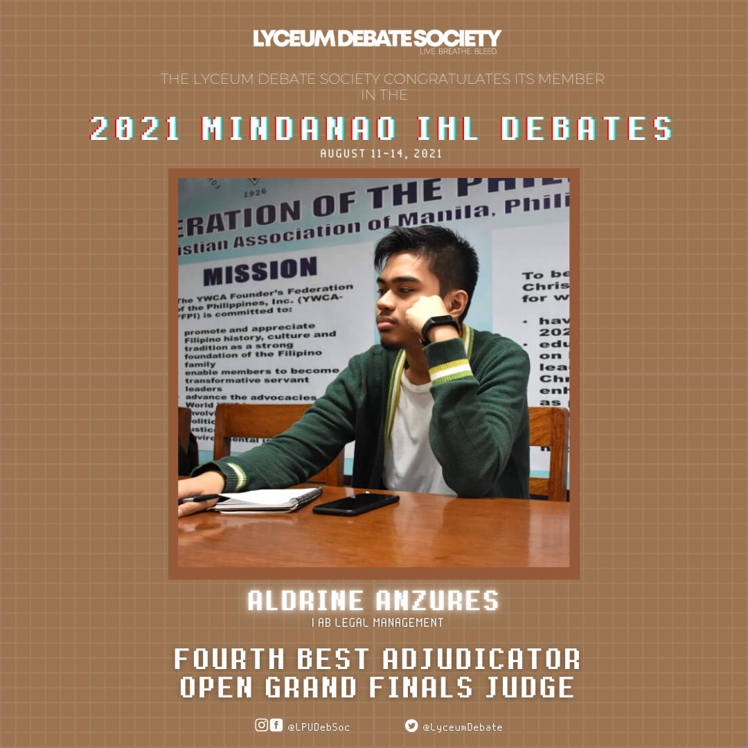 LyceumDebate's tweet photo. The Lyceum Debate Society is elated to congratulate Aldrine Anzures for his outstanding performance in the recently concluded Mindanao IHL Debates where he was awarded as the 4th best adjudicator in the open grand finals. Thank you for upholding the society with excellence! https://t.co/A6a2Lro1Ed