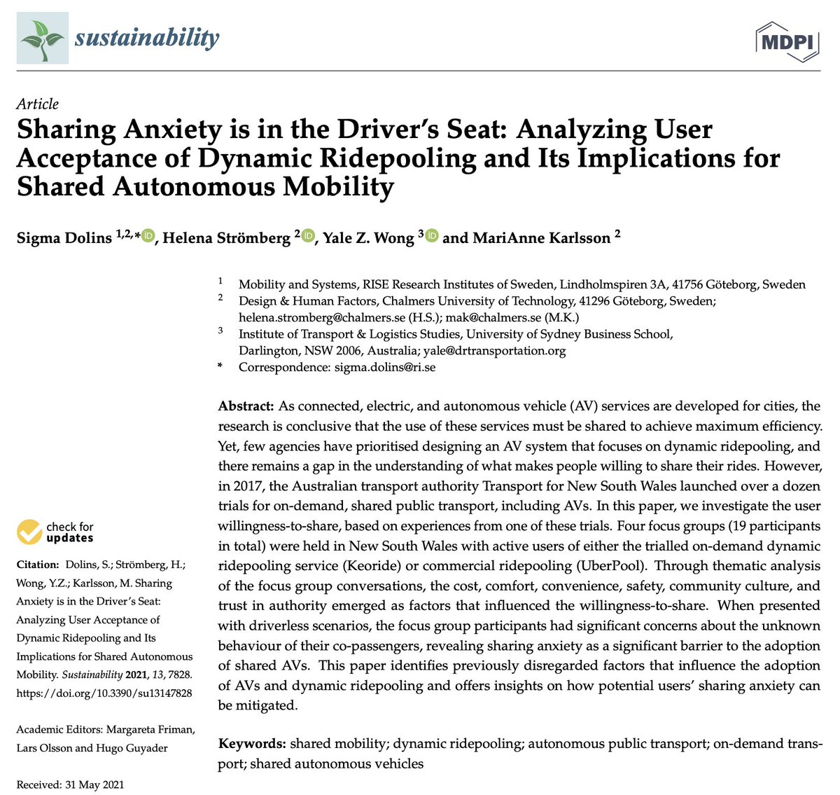 DrGuyader's tweet photo. @MargaretaFriman @Lyckolars Also available:
Dolins, Strömberg, Wong &amp; Karlsson's paper on "Sharing Anxiety Is in the Driver’s Seat: Analyzing User Acceptance of Dynamic Ridepooling and Its Implications for Shared Autonomous Mobility" https://t.co/YYEWg1JQZf @HKStromberg @yalezwong @marispann @chalmersuniv https://t.co/2xuLJFWpwU