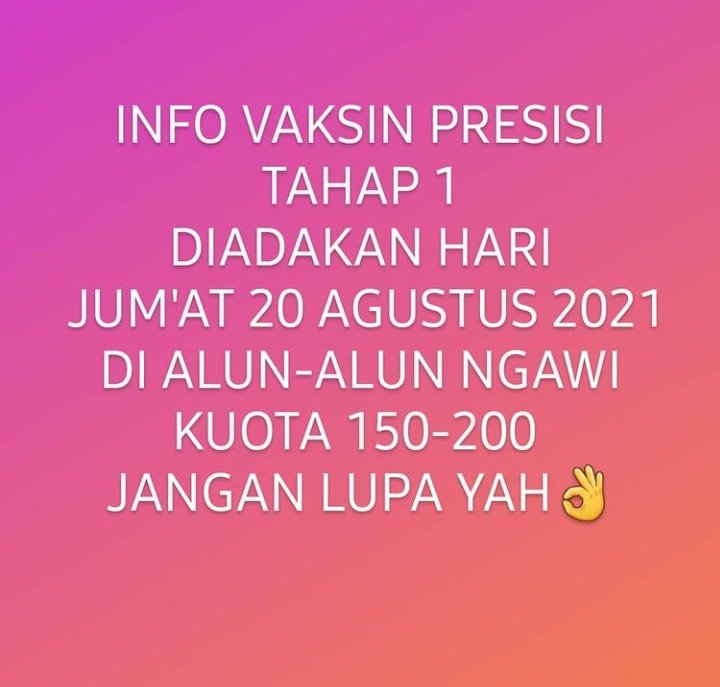 Visit_Ngawi's tweet photo. INFO VAKSIN 📢

Diselenggarakan Polres Ngawi. Monggo yang mau ikutan vaksin tahap 1. https://t.co/1gHUqn2Ftk