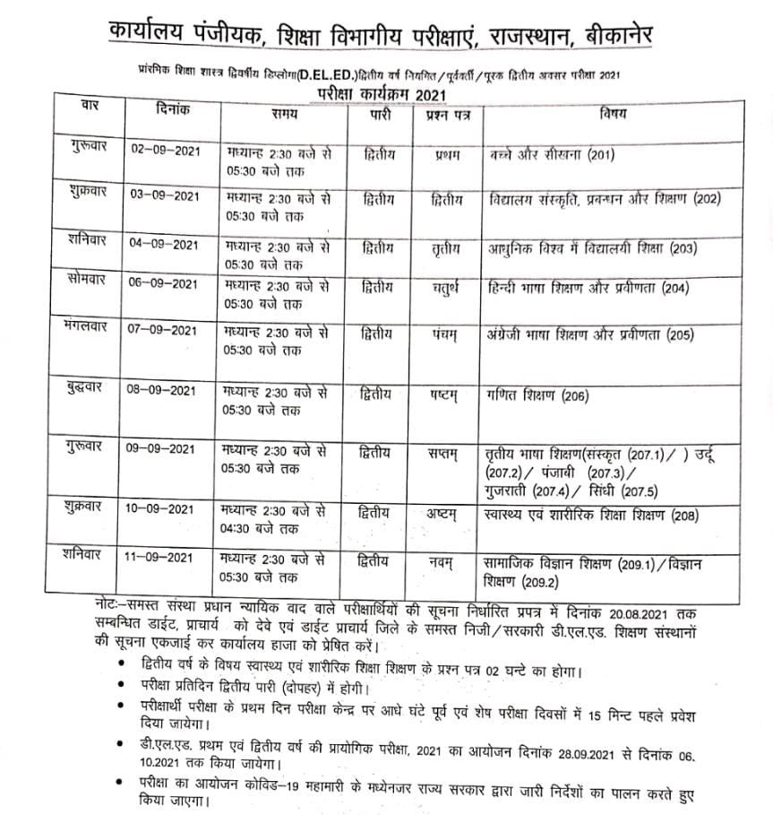 rajeduofficial's tweet photo. डी.एल.एड. प्रथम एवं द्वितीय वर्ष 2021 की परीक्षाओं का कार्यक्रम घोषित किया गया है। प्रथम वर्ष की परीक्षाएं 2 से 13 सितम्बर तक जबकि द्वितीय वर्ष की परीक्षाएं 2 से 11 सितम्बर तक होंगी।@GovindDotasra https://t.co/mVHtwCGL0k