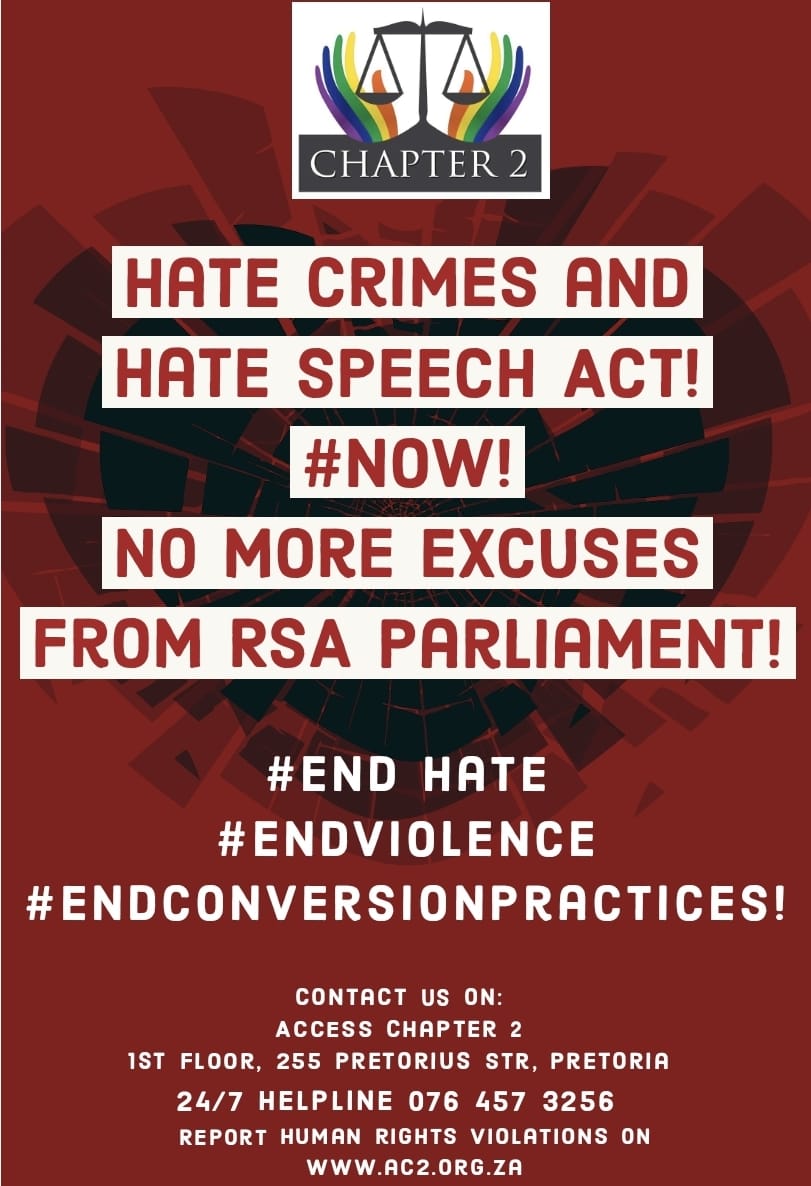 AccessChapter2's tweet photo. A Portfolio Committee on Justice and Correctional services is meeting today to discuss the Hate Speech and Hate Crime bill @ParliamentofRSA @DOJCD_ZA #Nomoreexcuses #endhate #ENDviolence #endconversionpractices https://t.co/P3gcD9tsEF