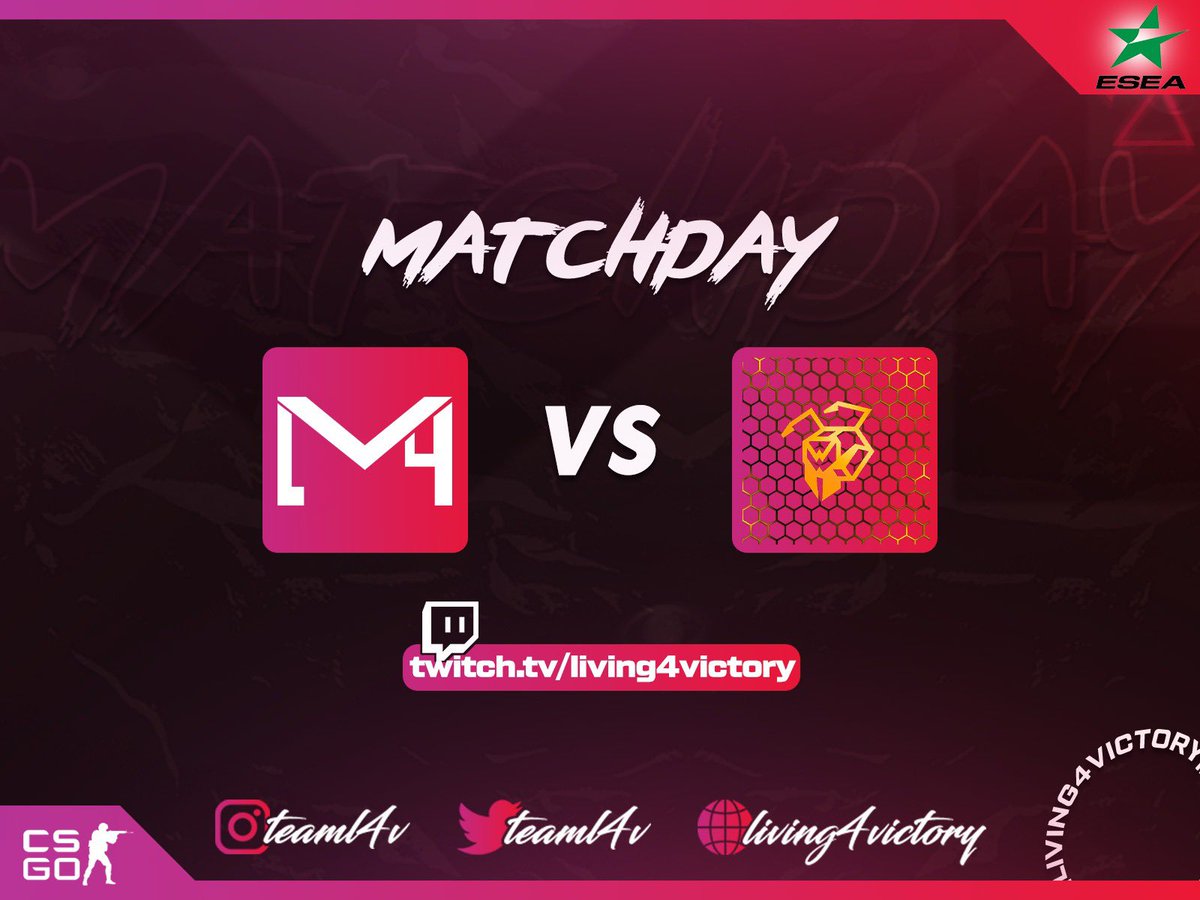 📢 📣 MATCHDAY 🔥 🔥                                                    ⬇️                           
🎮 ESEA Open Season 38 !
🆚 Websterz (Webz)
⏰ Bugün, 20:00
🗺 de_inferno 
🎥 twitch.tv/living4victory 
 #living4victory #teamL4V #esea #csgo #GOL4V