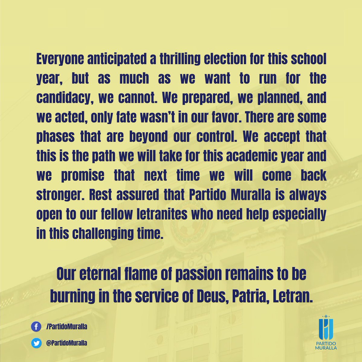 PartidoMuralla's tweet photo. It has been a week since the official candidates for the upcoming elections was released. 

Here's the official statement of Partido Muralla regarding the said event. 

𝐖𝐞 𝐝𝐢𝐝 𝐨𝐮𝐫 𝐩𝐚𝐫𝐭, 𝐢𝐭 𝐢𝐬 𝐧𝐨𝐰 𝐲𝐨𝐮𝐫 𝐭𝐮𝐫𝐧！ https://t.co/Z3uMJYl0SG