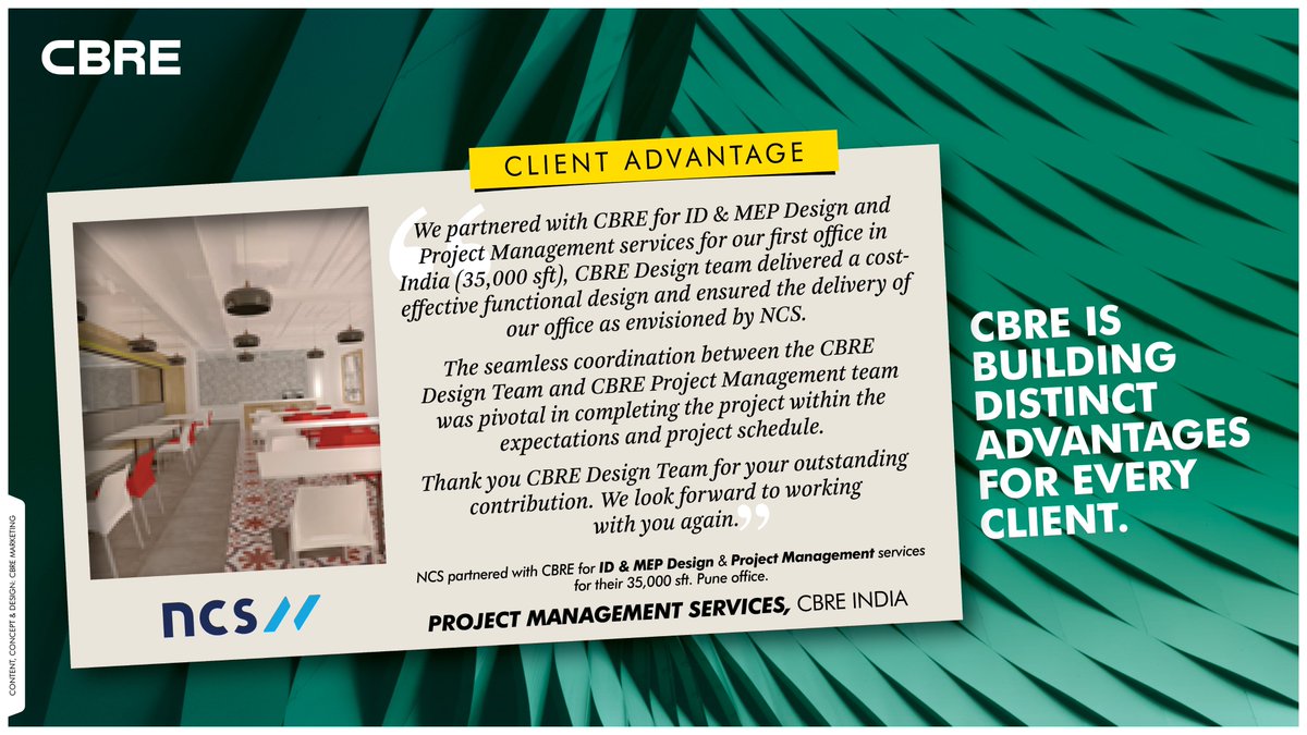 CBRE_India's tweet photo. #ClientAdvantage
#NCSGroup, APAC's leading technology services firm, partnered with CBRE for #ProjectManagement Services for their first office in India (35,000sf).
Here's what they had to say about the association.
@gurjotsbhatia @CBREPJM @AnshumanMagzine #PuneRealEstate https://t.co/AvtoMhn3n9