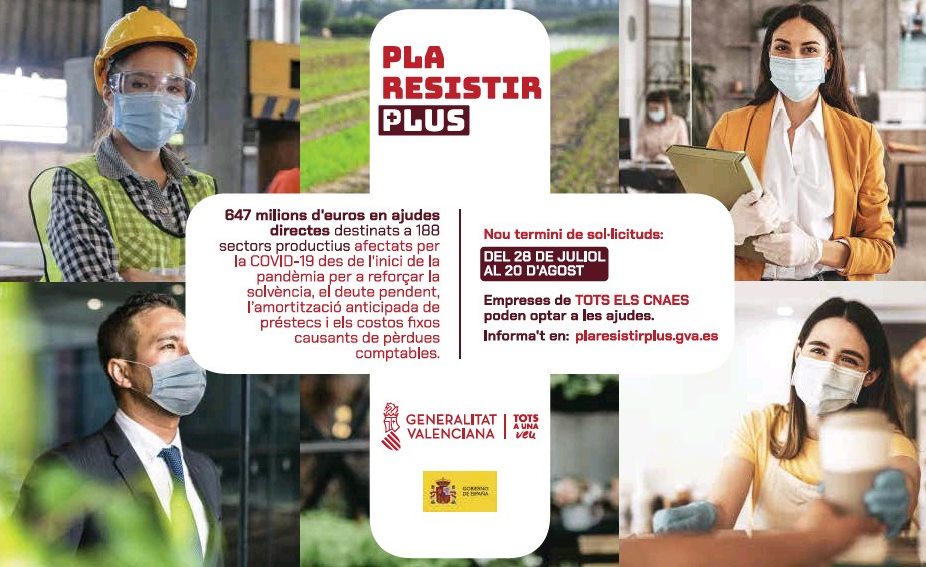 📢 La <a href="/generalitat/">Generalitat</a> ha tret una nova convocatòria del Pla Resistir Plus, per als sectors econòmics afectats per la COVID-19.
💶 Poden optar persones autònomes i empreses de tots els CNAES.
🗓 Recordeu que les sol·licituds són fins al 20 d’agost.
ℹ️ plaresistirplus.gva.es