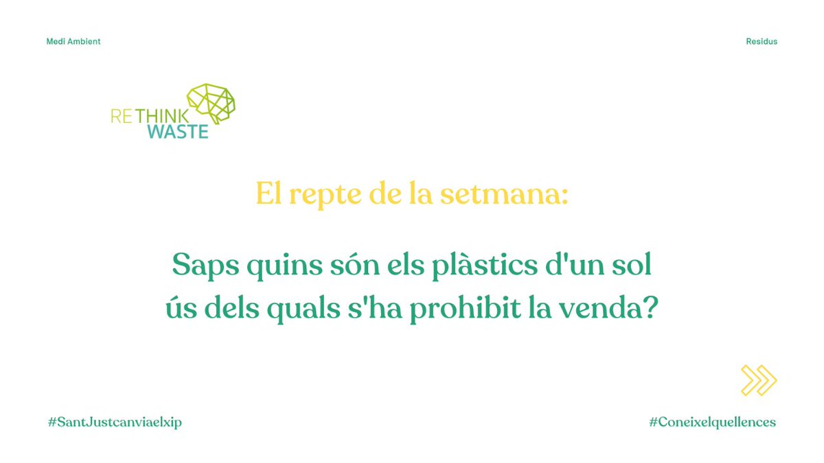 santjustresidus's tweet photo. ♻️ #ProjecteLIFE @REthinkWasteRTW
📷 Repte de la setmana
👀 Saps quins són els plàstics d'un sol ús dels quals s'ha prohibit la venda?👇👇
⛔ Dels plàstics d'un sol ús com les canyetes i coberts de plàstic
@santjustcat
#SantJustcanviaelxip #Coneixelquellences #stopplastic https://t.co/7GHCN6d4ZU