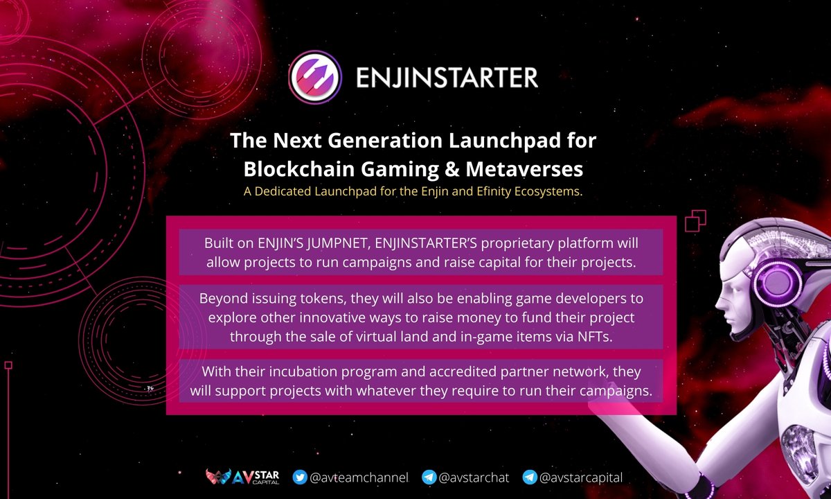 AvStarCapital's tweet photo. ENJINSTARTER is a launchpad focused on working with creators to help them accelerate their digital asset and blockchain strategy.

Read More: https://t.co/mHiAN9NKGI

@enjinstarter @enjin 
#enjinstarter #enjin #enjincoin #launchpad #nft #nfts #nftgames https://t.co/wChWezST67