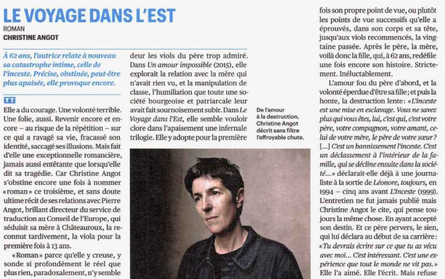 « Angot ne consent pas. C’est ce qui la rend unique. » <a href="/Telerama/">Télérama</a> a écrit un article sur « Le Voyage dans l’Est », dernier roman de <a href="/CHRISTINEANGO/">Christine Angot</a>, disponible dès aujourd’hui en librairie ➡bit.ly/3ssOX5f