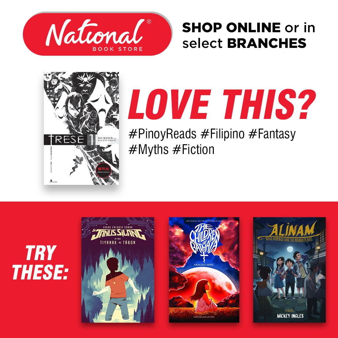 nbsalert's tweet photo. Did you love the world of Alexandra Trese? Try more great reads by Filipino authors:
📕Si Janus Silang at ang Tiyanak ng Tábon - P175
📕The Children of Bathala - P450
📕Alinam - P395
Shop for these online or in selected branches. #Trese #PinoyReads #NBSbookstagram https://t.co/uGbmAA32Zv