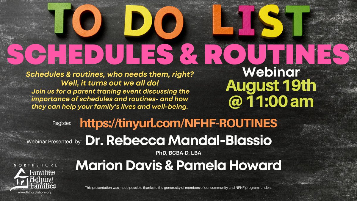Register now to attend the Schedules and Routines webinar to learn about the benefits and importance of schedules and routines and how they can help our family's lies and well-being.

#NFHF #Webinar #disabilityinformation 

buff.ly/3CeqQM5